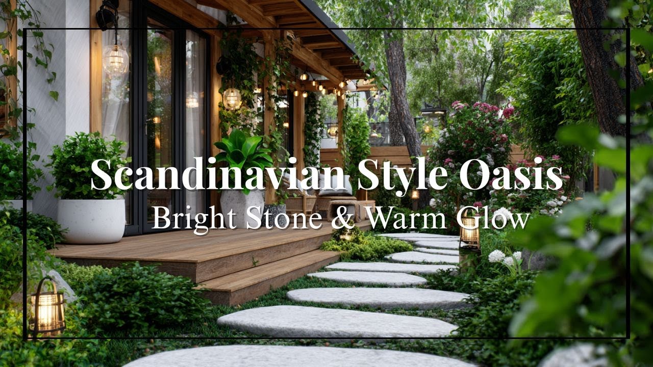 Scandinavian Courtyard Garden   White Stone, Soft Lighting & Natural Wood Accents