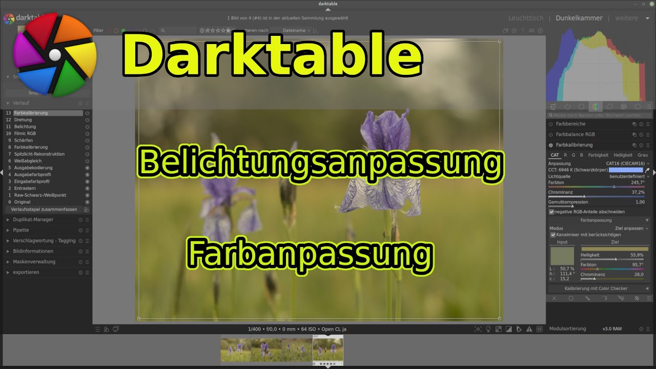 Belichtungsanpassung und Farbanpassung in Darktable 4.0
