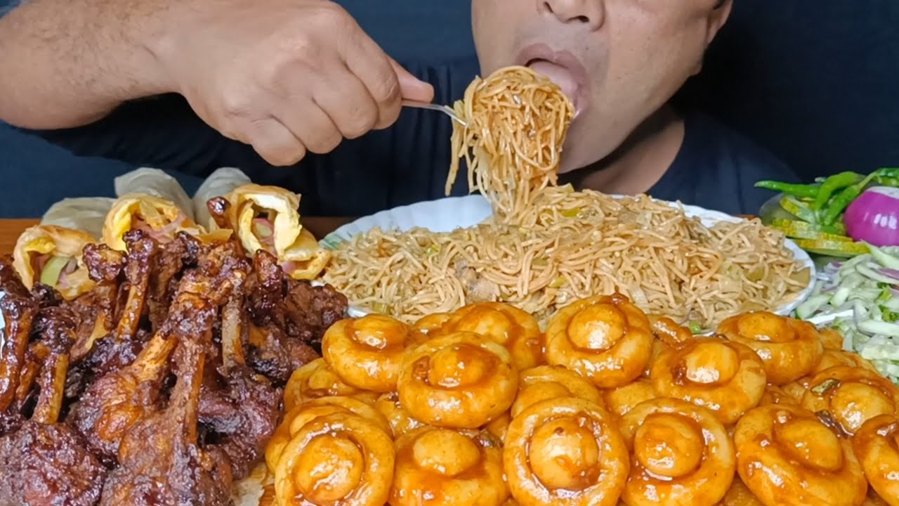 Eating Delicious Chicken Lollipop, Chicken Chowmin, Korian Potato Noodles, Egg Roll || Eating Show 😋