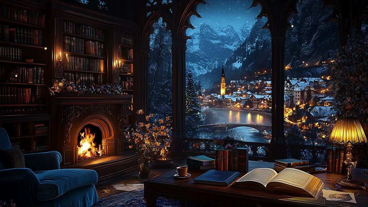 Frosty Evening in Victorian Library | Cozy Cabin Dark Academia for Reading Focus