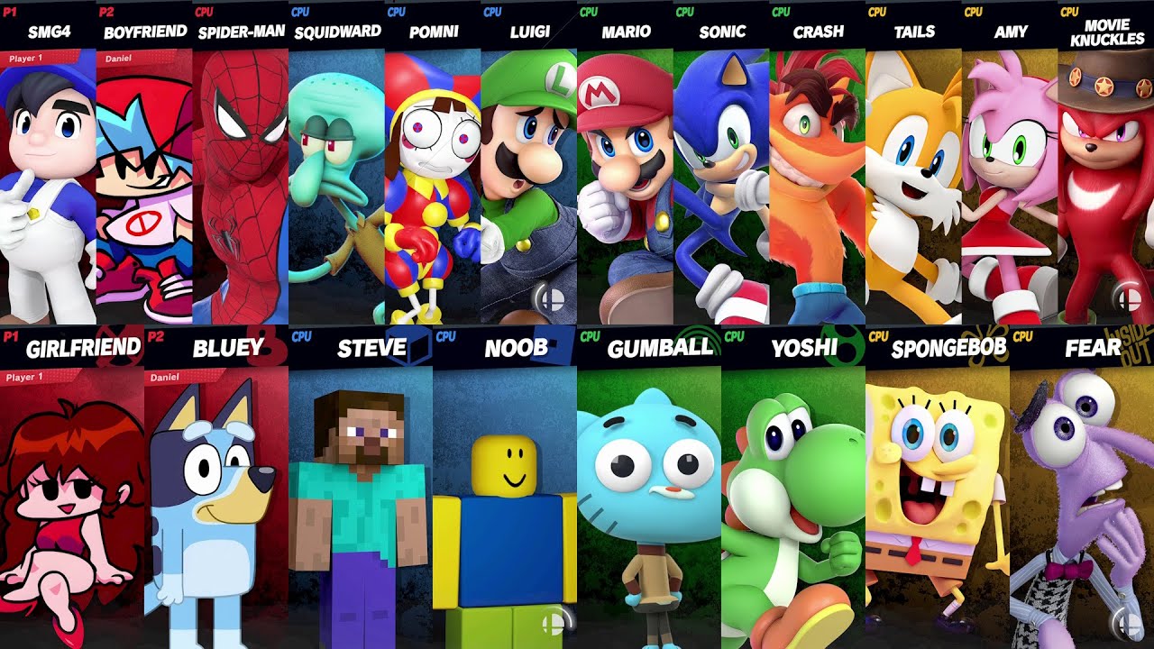 Sonic vs Mario vs Roblox vs Minecraft vs Fortnite vs Spider-Man vs Bluey vs Steve | Super Smash Bros