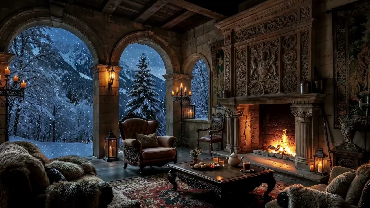 Quiet Stone Hall at Night - Gentle Castle Fireplace Ambience for Calm, Reading & Sleep