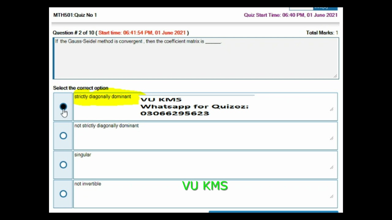 MTH501 quiz 1 Spring 2021 by VU KMS