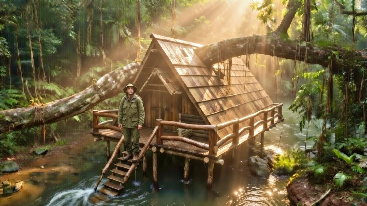 Built a Hanging Tree House Over a River | Bushcraft Survival Shelter | Off-Grid Tree House