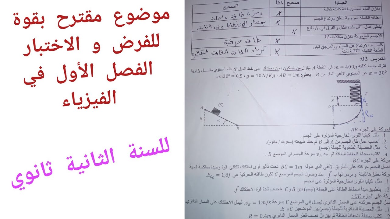 موضوع مقترح بقوة للفرض و الاختبار الفصل الأول في الفيزياء للسنة الثانية ثانوي