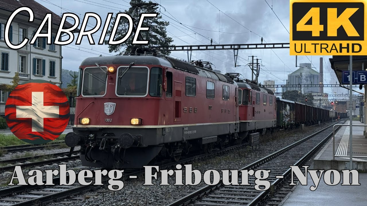 🚆🇨🇭 4K CABRIDE 🚆 Aarberg - Bern - Fribourg - Nyon / Re 4/4 & wagons de betterave vide