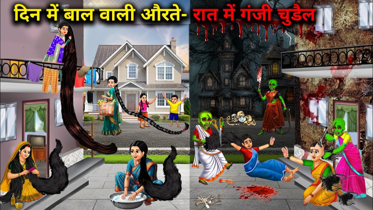 दिन में बाल वाली औरतें रात में गंजी चुड़ैल||Hindi Cartoon Stories||Women with hair during the day..