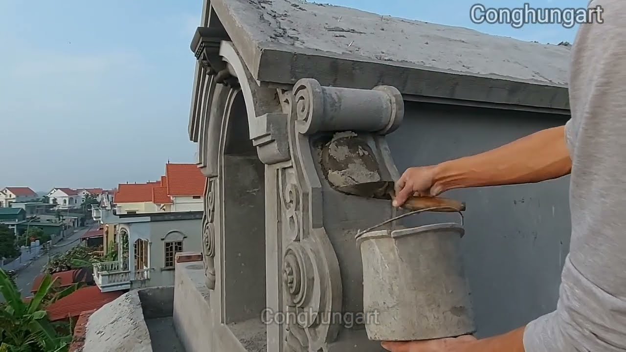 Making a two-leaf bas-relief of classical door decoration / with sand-cement