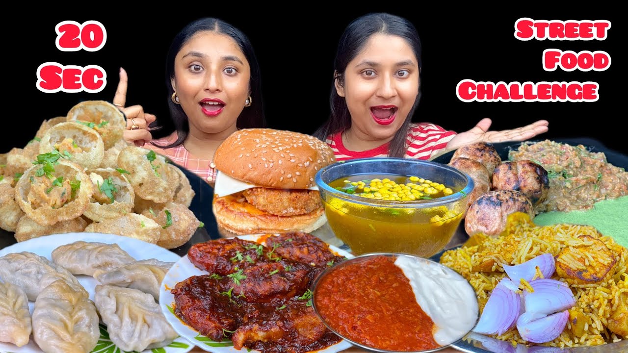 20 secs  Biryani,Burger,momos,panipuri,Litti Chokha,Schezwan Momos Eating Challenge with Punishment