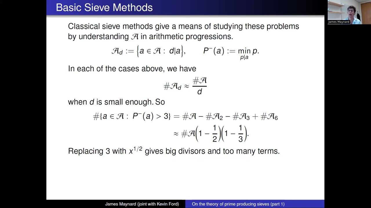 James Maynard: On the theory of prime producing sieves, part 1 (NTWS 223)