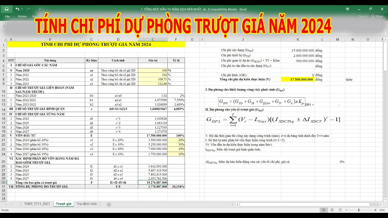 Tính CHI PHÍ DỰ PHÒNG TRƯỢT GIÁ năm 2024 | Tổng mức đầu tư xây dựng