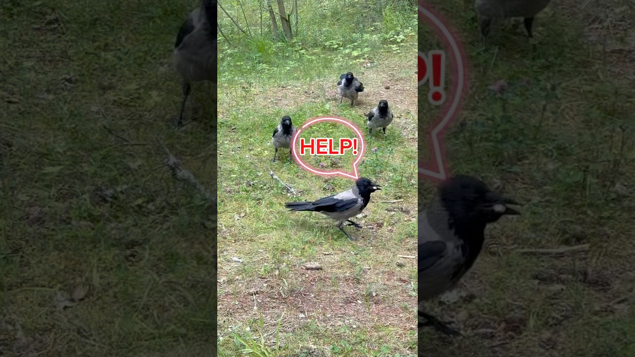 Птенцы не оставляют ворону в покое / Baby crows desperately claiming for food #ворона #crows