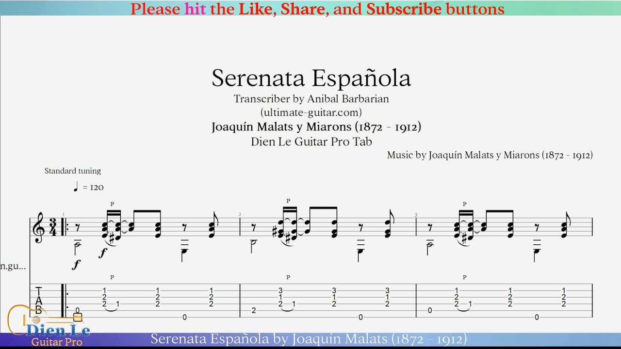 Serenata Española by Joaquín Malats (1872 - 1912) - For Classical Guitar with TABs