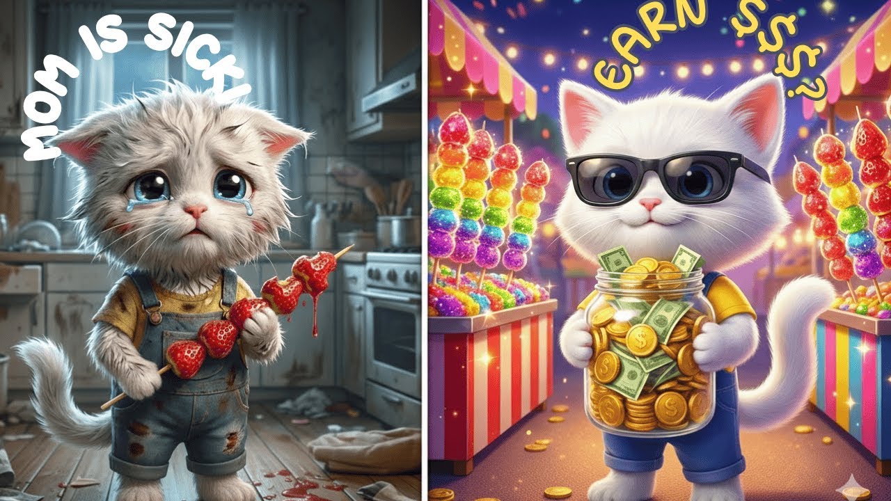 A Cute Cat Story: Mom is Sick 😷 Baby Cat Sells Rainbow Tanghulu 🍡 Earns Huge Money! 💰 Ep.16