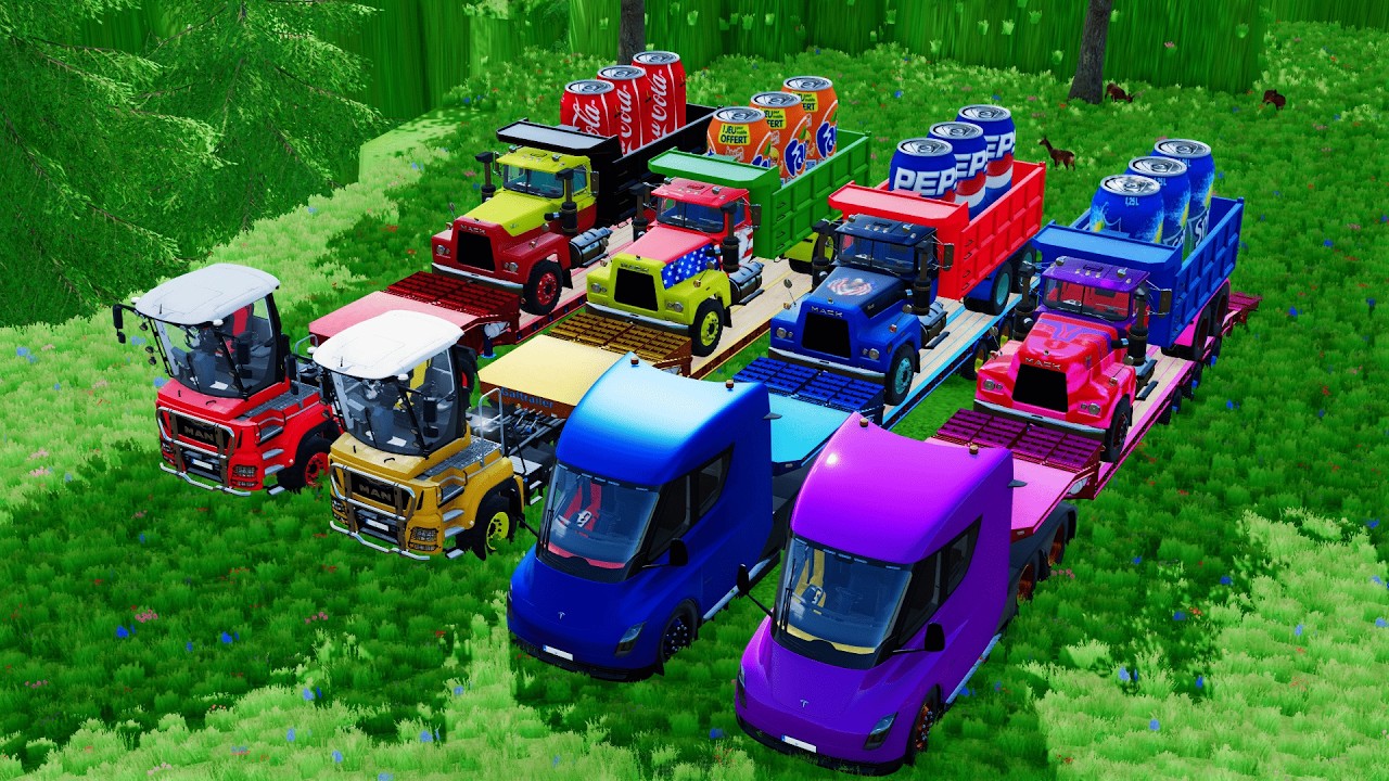 Garage With Colors - TRANSPORTING DUMB TRUCK WITH TRAILER TRUCK, TESLA, MAN, MACK | FS22