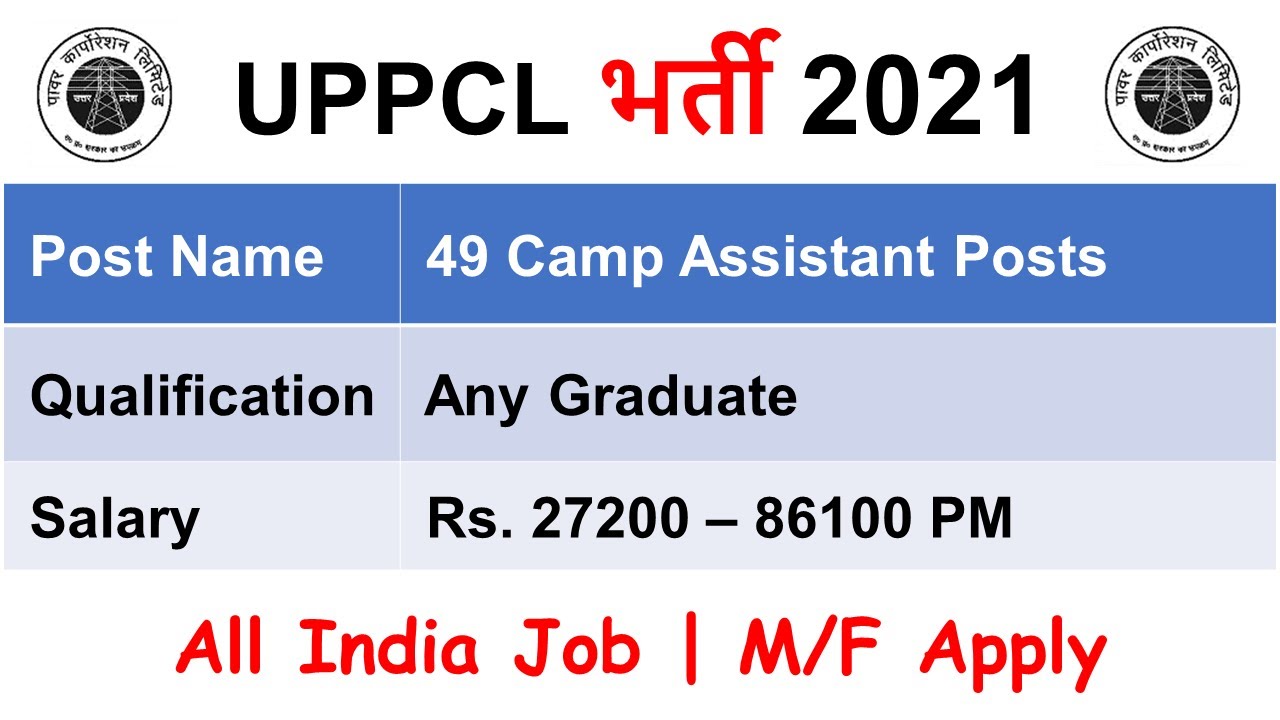UPPCL Camp Assistant Recruitment 2021 UPPCL New भर्ती 2021 UPPCL Camp Assistant Bharti 2021 |