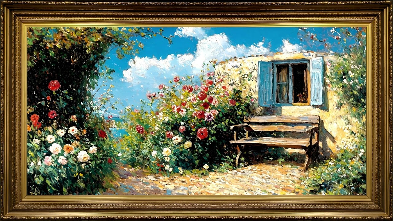 Relaxing Rose Garden, Vintage Impressionist Oil Painting | Framed Art Screensaver for TV