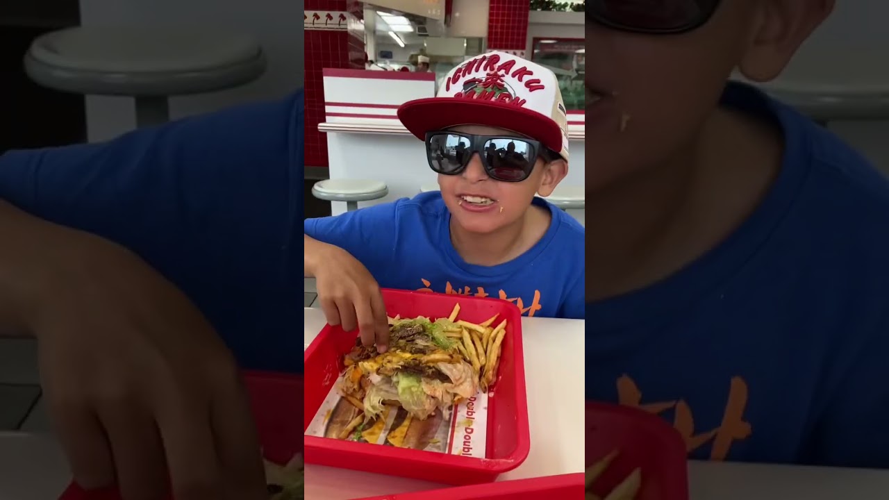 Can you finish a 10x10 burger ? secret menu at inn n out .  foodie challenge shorts .