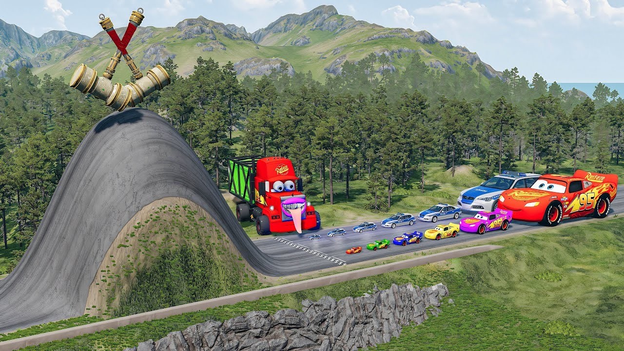 Big & Small McQueen & Police Car, Monster Moon vs Giant Lava Hole Downhill Race – BeamNG.drive
