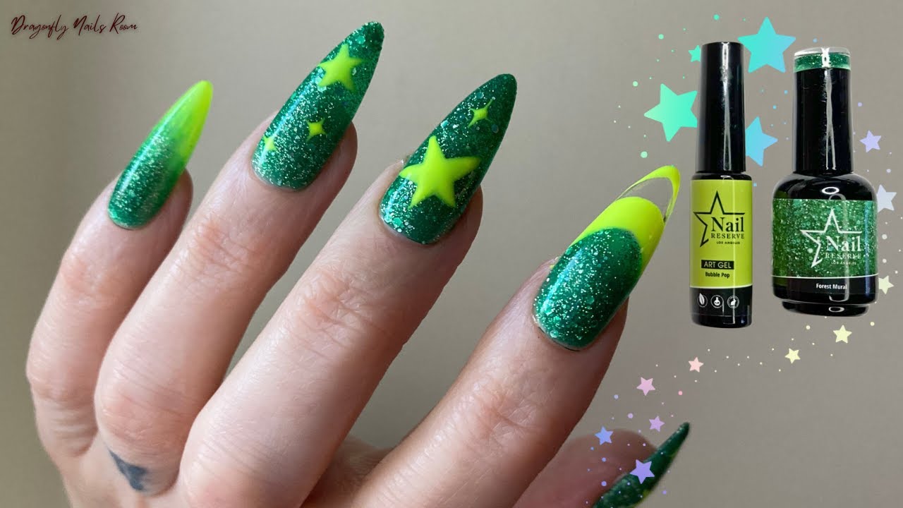 Green Glitters & Stars Nails using VEGAN GEL POLISH 🐰 NAIL RESERVE LA⭐️
