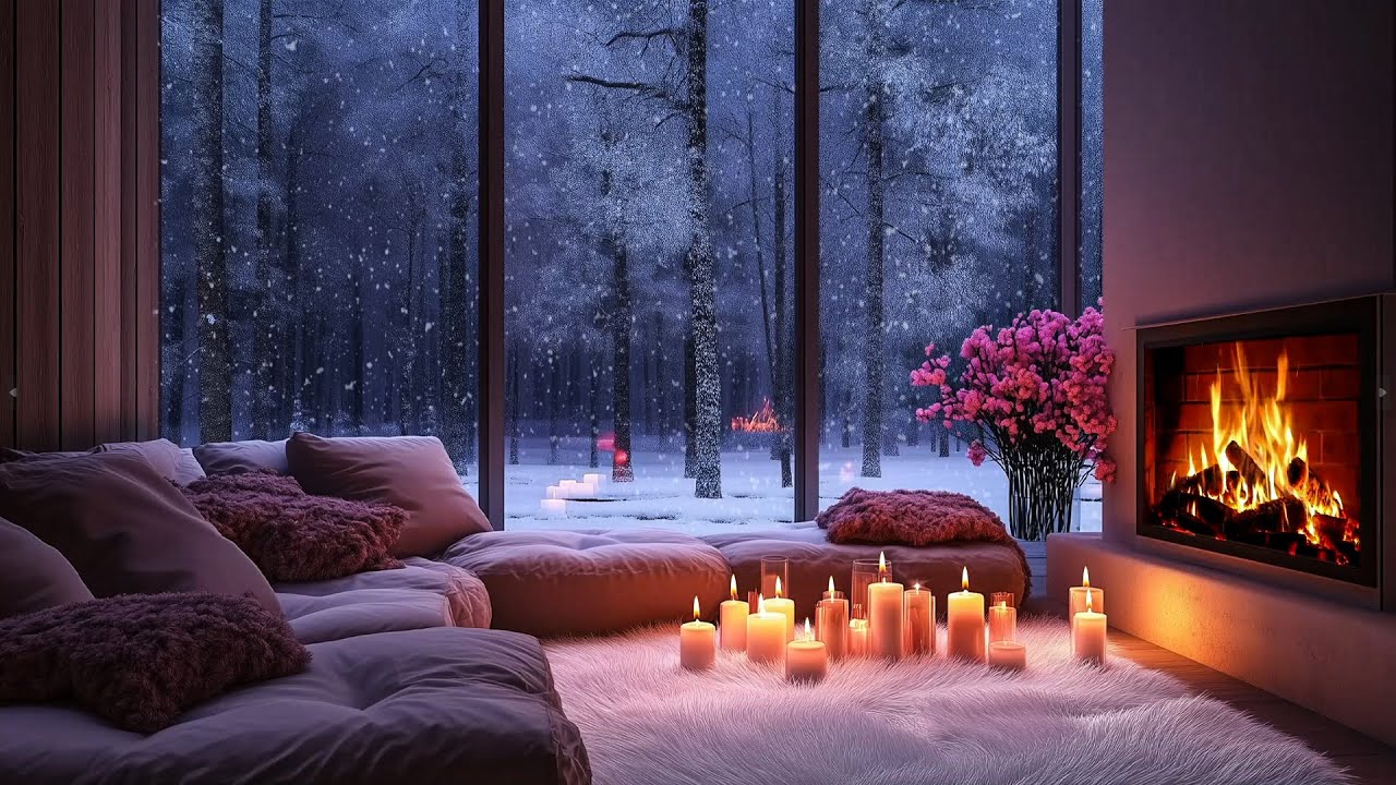 Warm Winter Refuge | Fireplace Glow & Snowfall Forest Ambience for Deep Rest