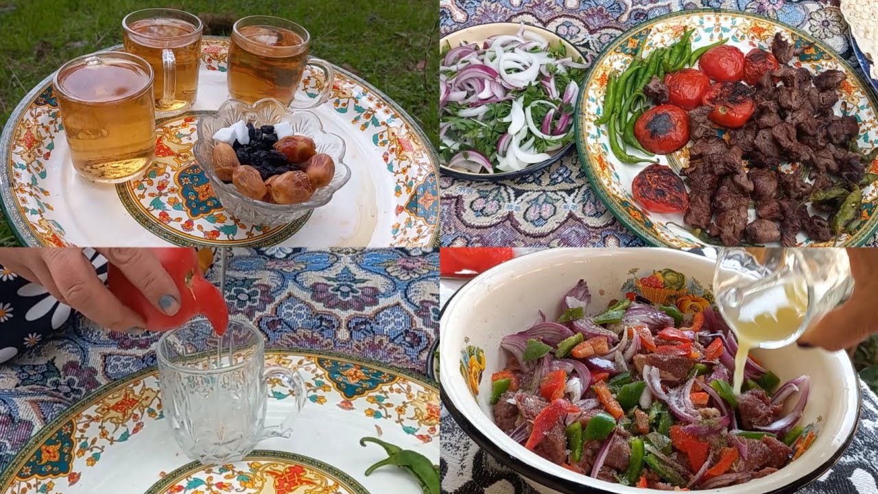 چربی گیری فیله گوساله🥓مزه دار کردن🧅🥗کباب روی آتش هیزم در طبیعت زیبا/چای کوهی آتشی🫕
