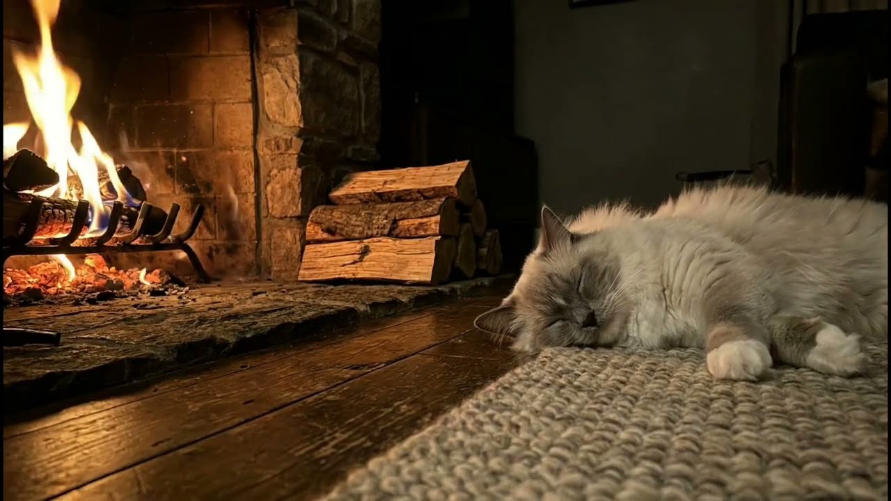 🐱🔥 12 Hours Cozy Fireplace with Sleeping Cat   | Cozy Fire Ambience for Sleep & Relaxation
