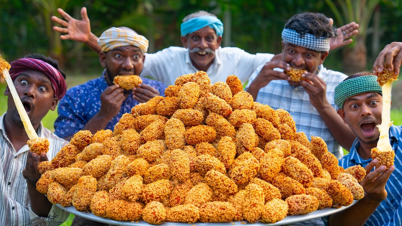 CHEESE NOODLES FRIED CHICKEN | Cooking & Eating in Village | Potato Cheese Chicken Fry Recipe