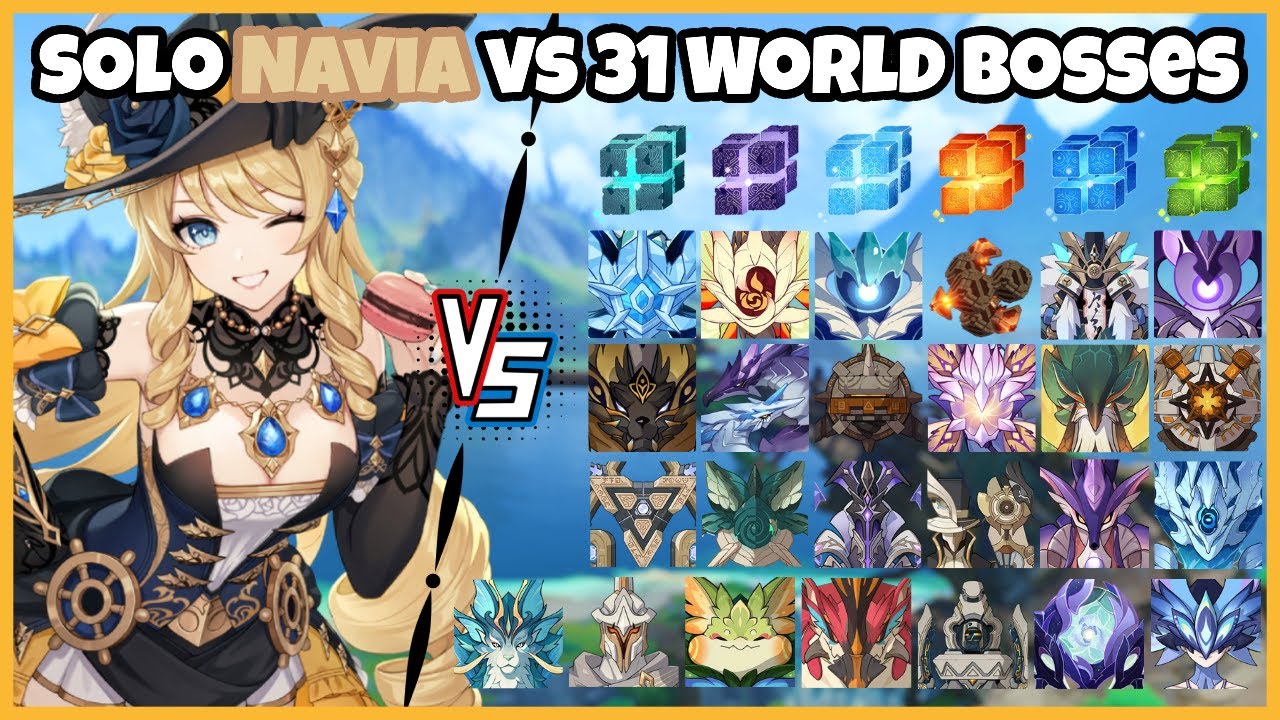 Solo C0R1 Navia vs 31 World Bosses (WL 9) Without Food Buff | Genshin Impact