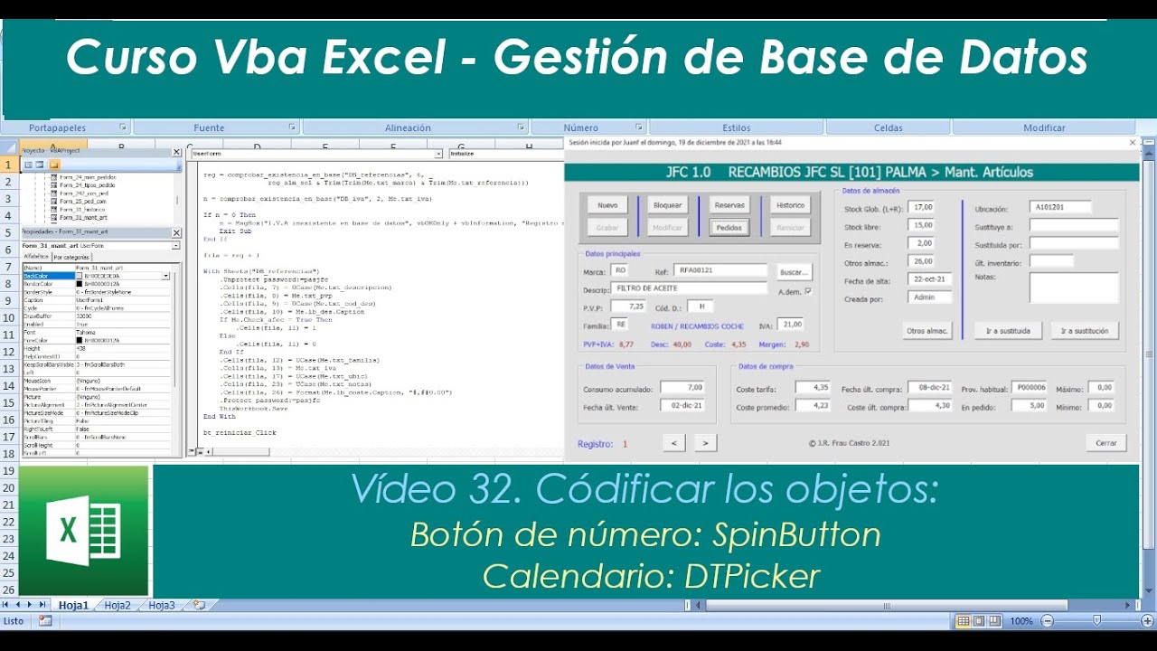 Curso VBA Excel 32. Codificar los objetos Botón de número (SpinButton) y Calendario (DTPicker)