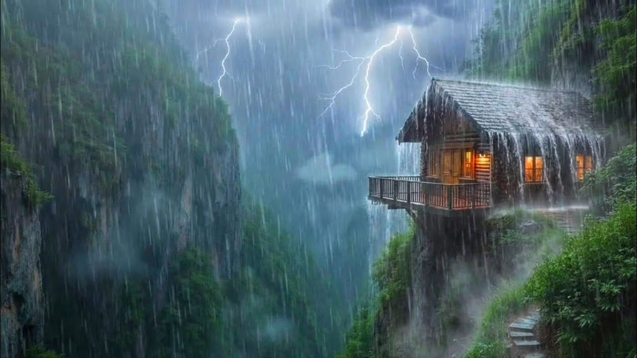 Heavy Mountain Rain at a Cozy Cliff Cabin | Deep Relaxing Rain Sounds with Gentle Thunder