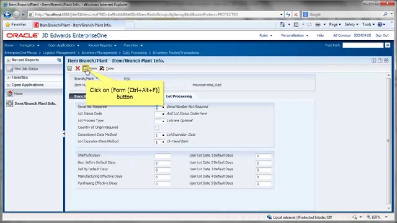 Accessing Item Branch Plant - JDE E1 91 - Inventory Management