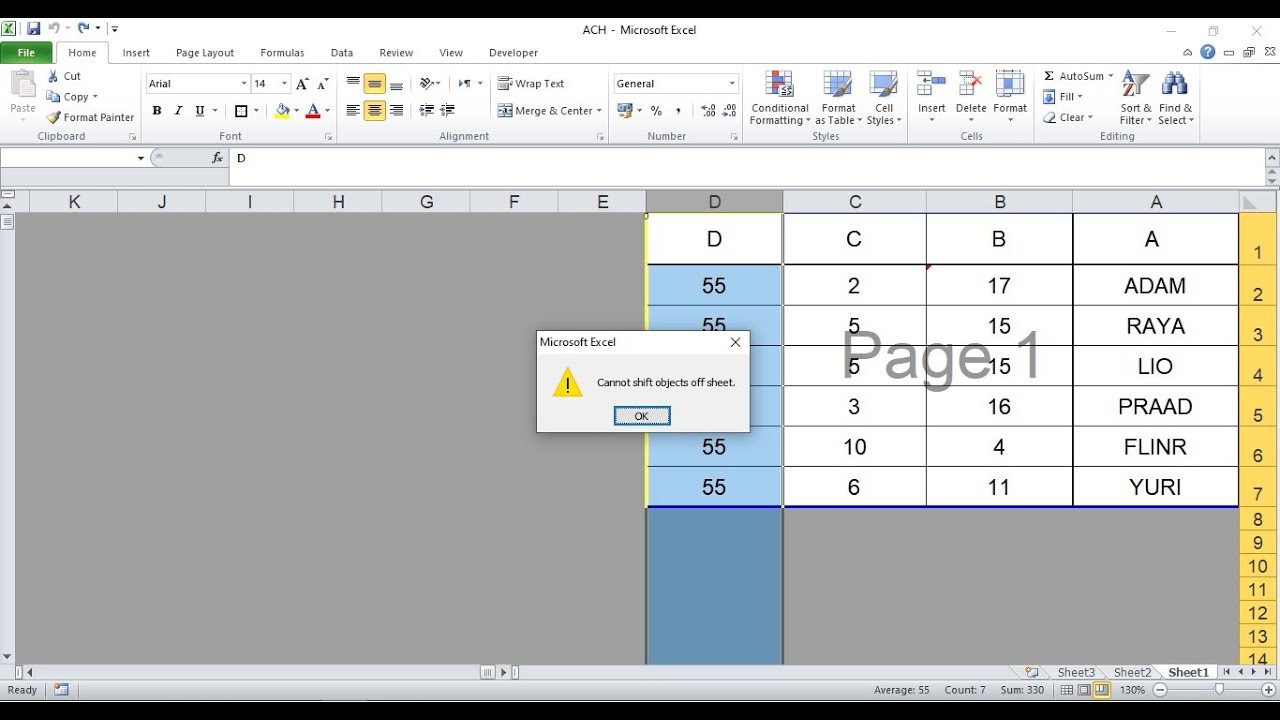 excel error solved ( can't shift objects off sheet )