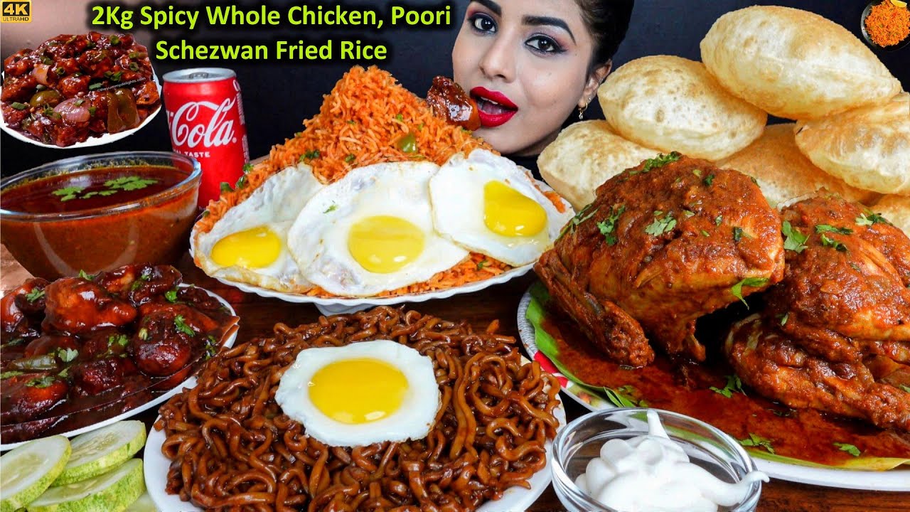ASMR Eating Spicy Whole Chicken Curry,Poori,Chilli Chicken,Leg Piece | Big Bites ASMR Eating Mukbang
