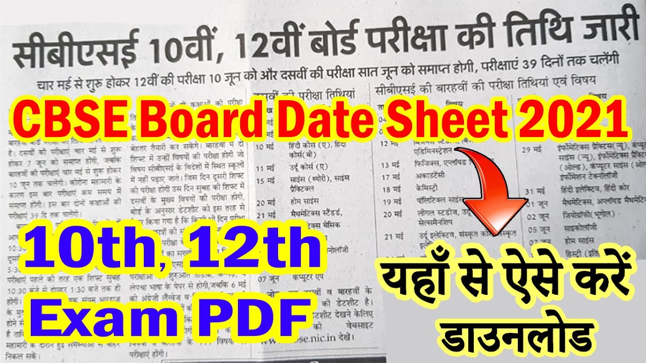 CBSE Board Date Sheet 2021 (Download CBSE 10th, 12th, Class Exam Time Table)