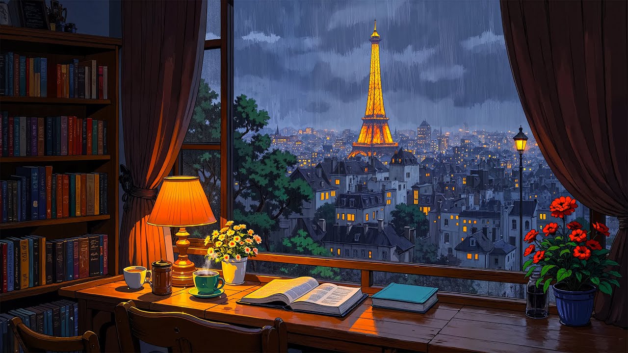 a rainy night in 1950's paris with vintage jazz playing in another room