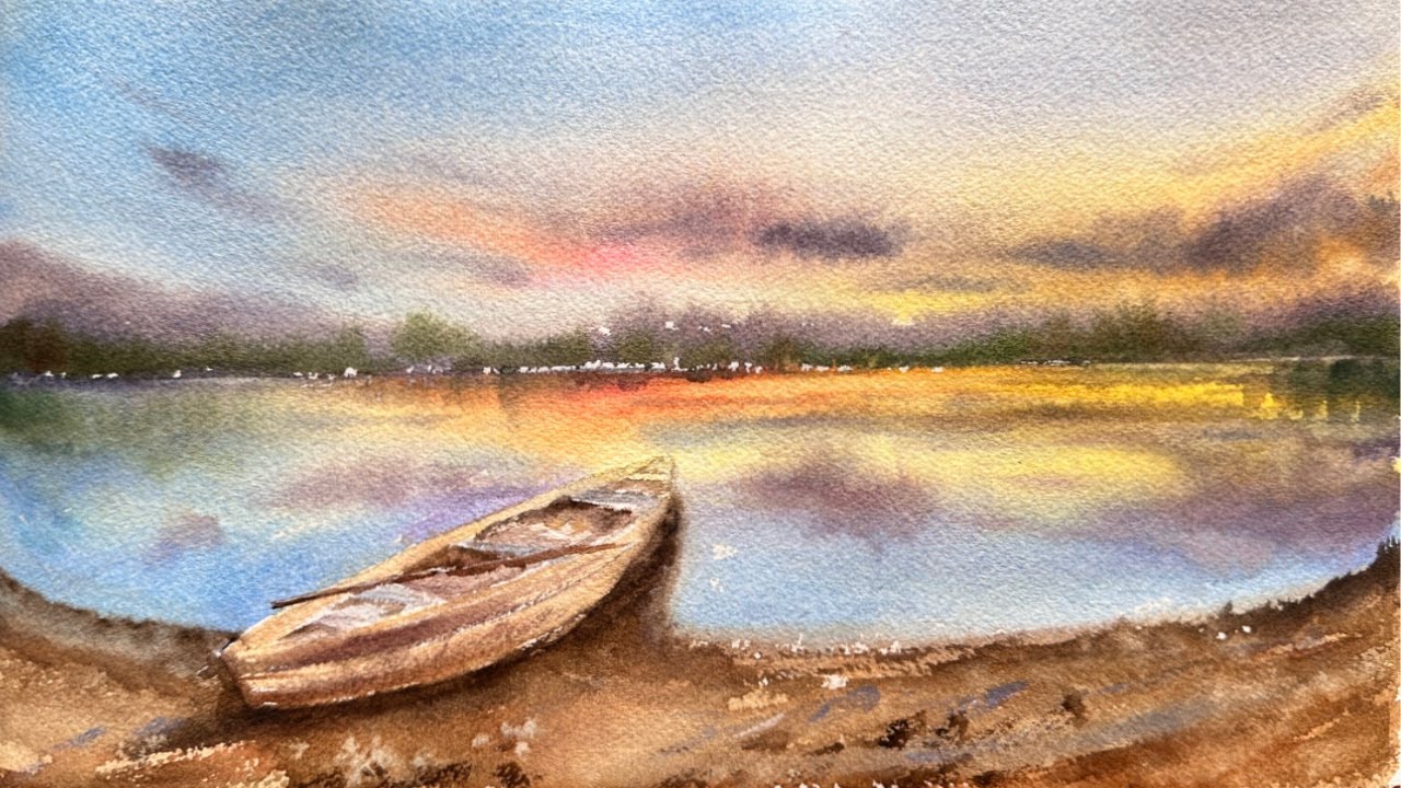 Painting A Stunning Sunset Lake Scene On A Boat With Watercolors