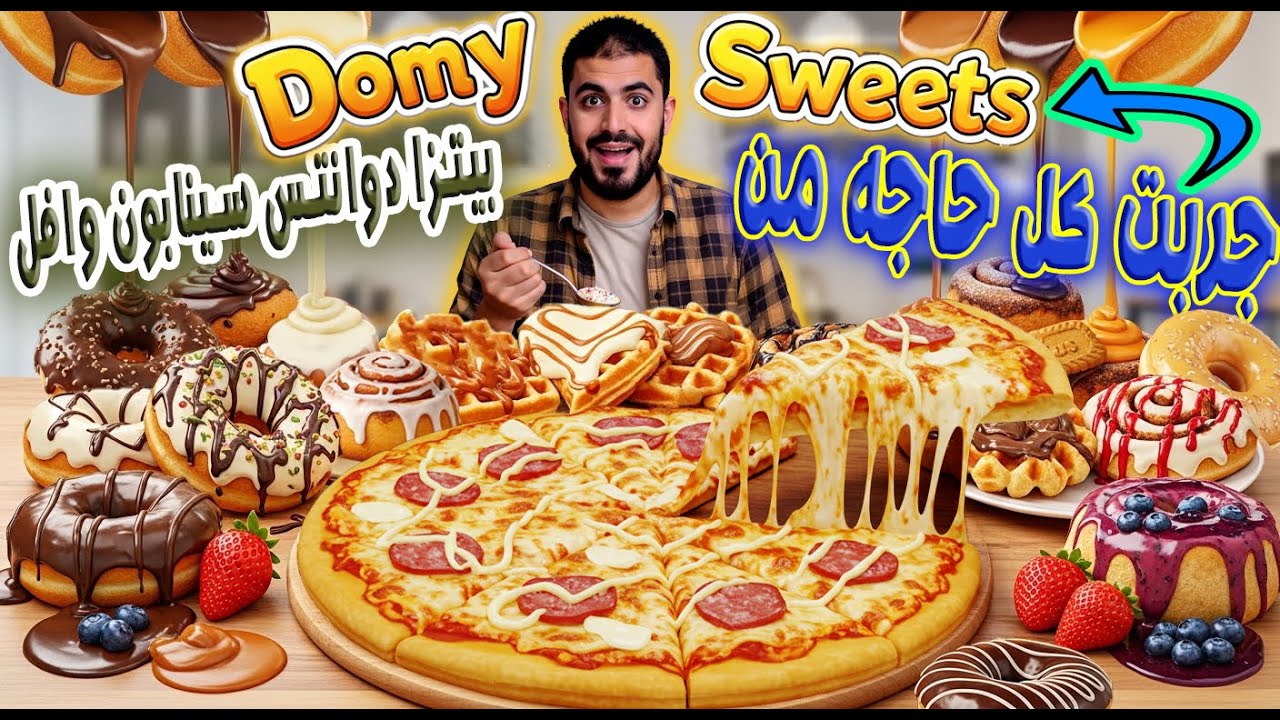 جربت كل حاجة من Domy Sweets😱! وافل🧇 ودونات🍩وسينابون وبيتزا🍕 يستاهل؟🤔 تجربة لذيذة من أول لآخر لقمة 😋