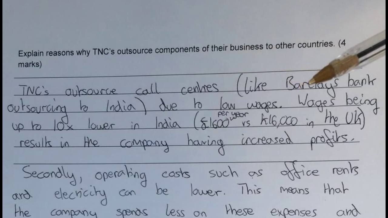 Explain reasons why TNC's outsource components of their business to other countries (4 marks)