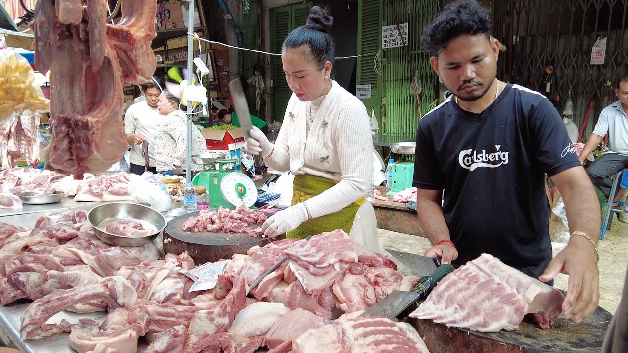 Phnom Penh Food Market Scenes at Orussey Market: Fresh Meat, Vegetables, Chicken, Fish & More