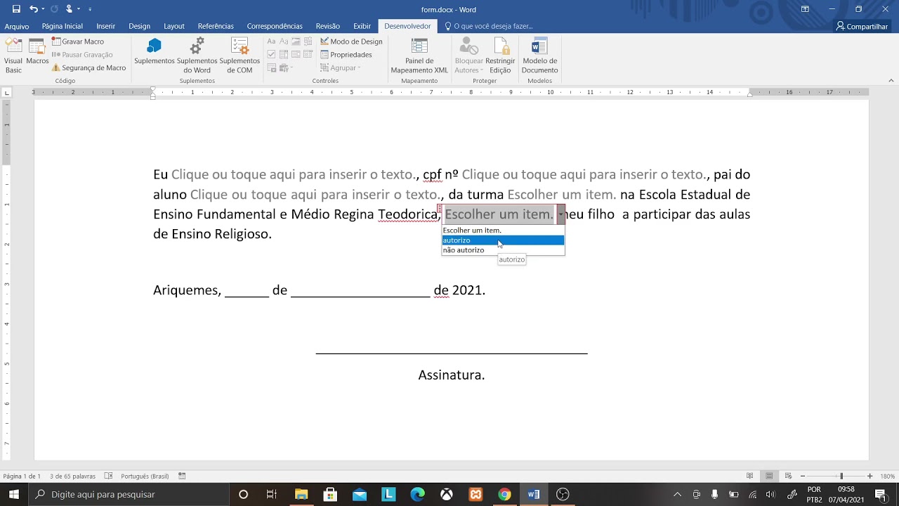 Criando um formulário editável no Word