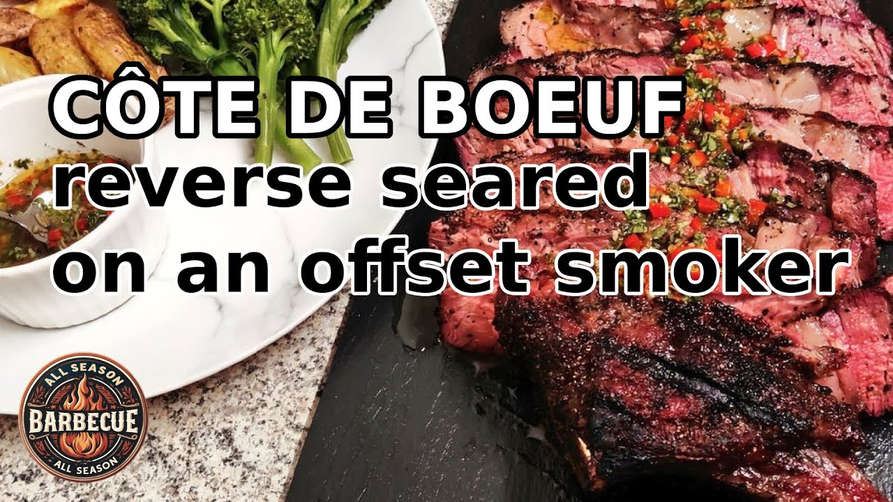 CÔTE DE BOEUF (tomahawk), reverse seared on an offset smoker. Chimichurri and airfryer chips. ASMR.