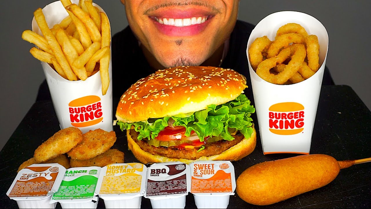 ASMR BURGER KING IMPOSSIBLE WHOPPER CHICKEN NUGGETS CORN DOG FRIES ONION RINGS RANCH EATING JERRY