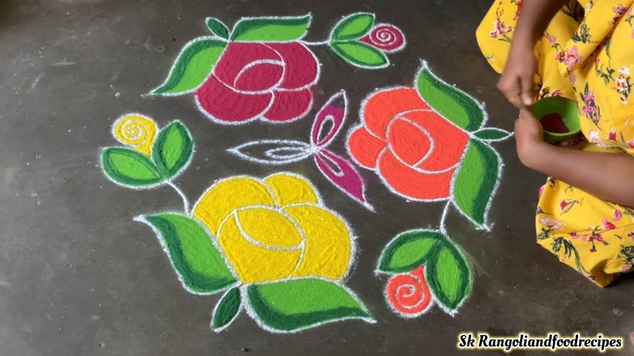 Easy and colourful Rose kolam || 11x6 dots || kolam is a therapy 👌 #dialyrangoli #kolam #video 