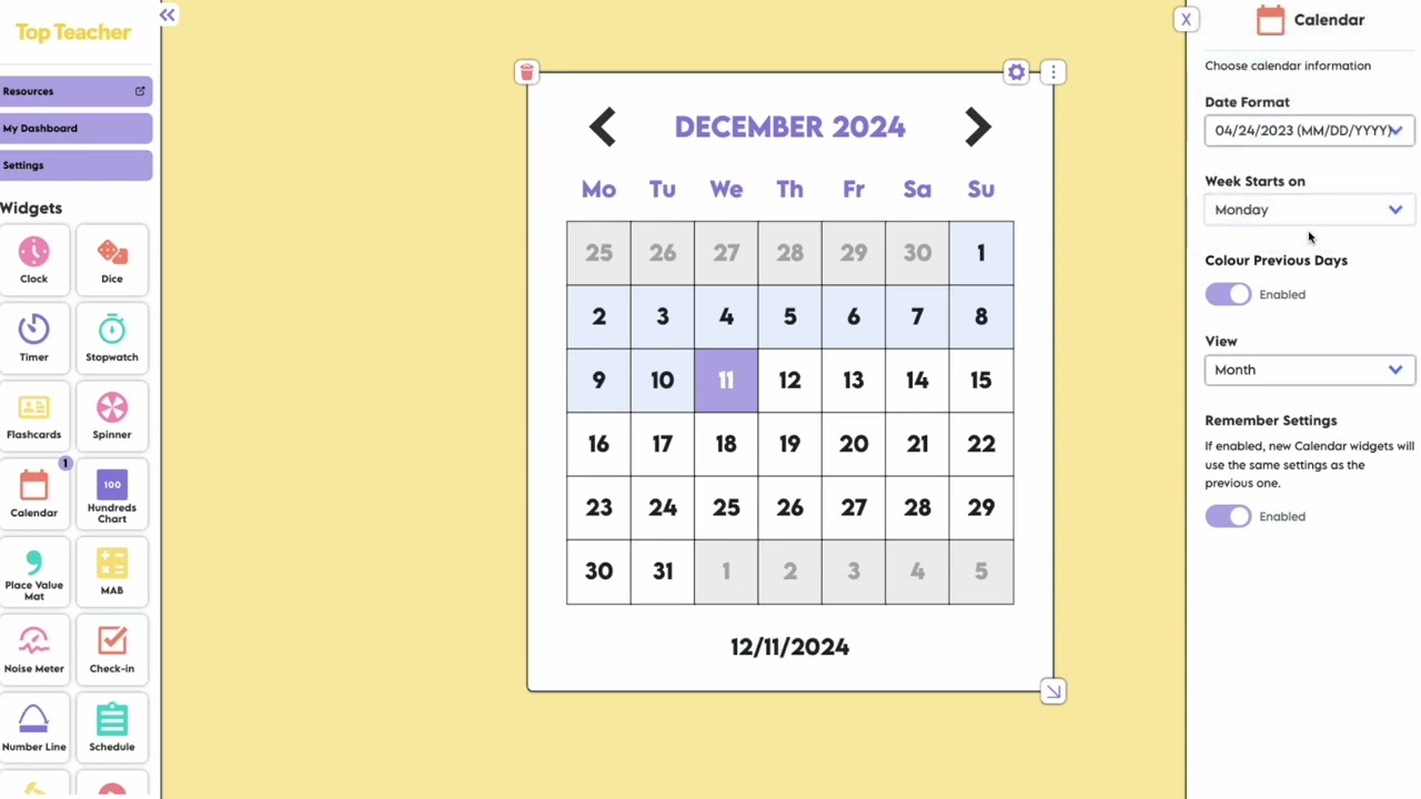Top Teacher Calendar Digi-Tool Settings
