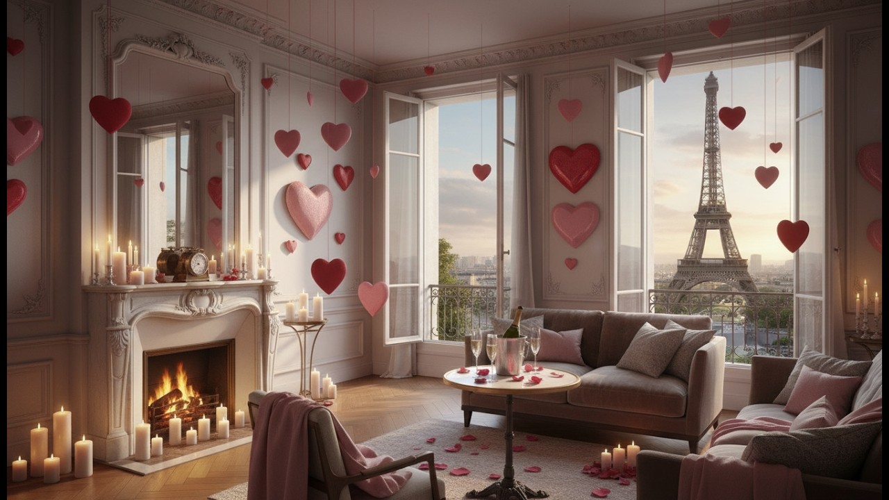 🔴 Valentine's Day Paris 24/7 | 🗼 Eiffel Tower View | 🔥 Romantic Fireplace