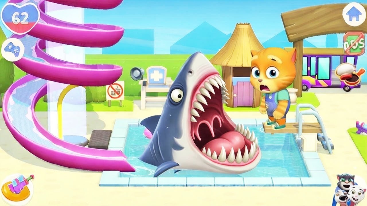 Water Slides Ginger Unlocked | My Talking Tom Friends 2 Update Hungry Shark in Pool All Characters