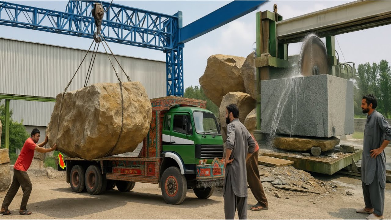 Massive Heavy Truck Unloading & Marble Slabs Manufacturing Process