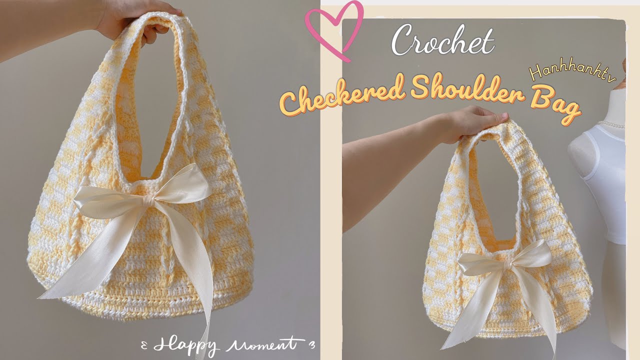 [Eng sub]❤️Crochet Checkered Shoulder Bag|Easy☁️Móc túi kẹp nách sọc caro phối móc xích xinh xắn