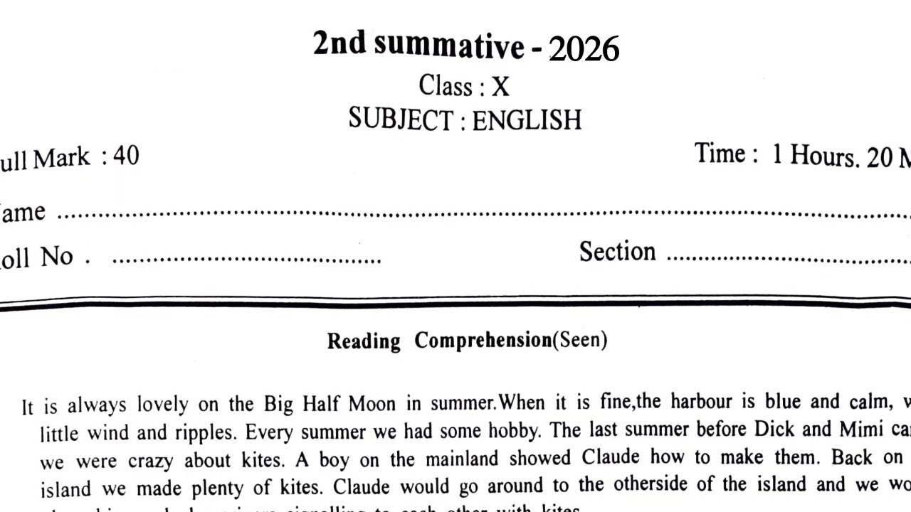 Class 10 English 2nd Unit Test Question Paper 2026 // Class 10 English 2nd Unit Test Suggestion 2026